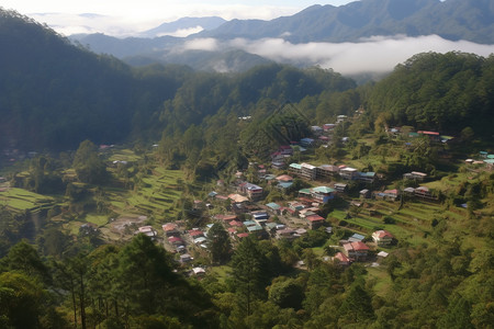 崇山峻岭下的村庄背景图片