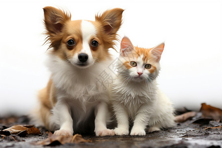 下雨天淋湿的小猫和小狗背景图片