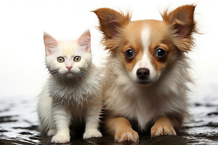 乡村家养的小猫和小狗背景图片
