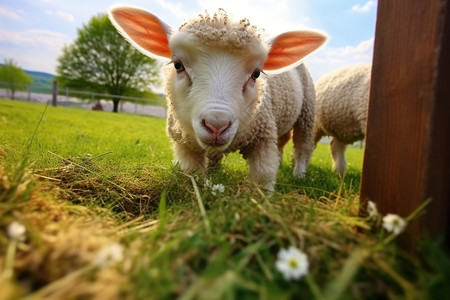 打伞小羊站立在草地上的小羊背景