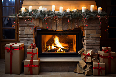 壁炉旁的圣诞节礼物图片