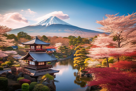 富士山下的亭子背景图片