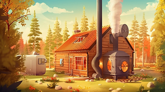生态乡村生物质加热的乡村住宅插图设计图片