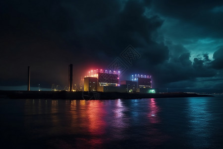 夜间里工作的潮汐发电厂图片