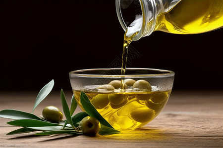 橄榄油从瓶子倒入玻璃碗图片