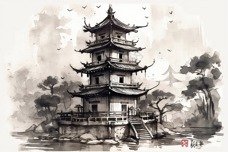 中国钟楼的手绘插画背景图片