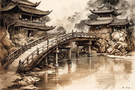 中国庭院插画图片