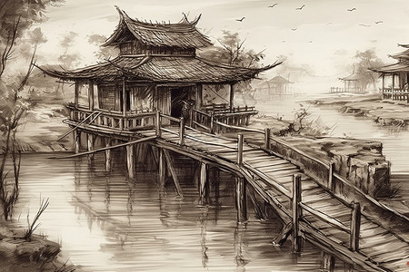 池塘和木桥的中式建筑背景图片