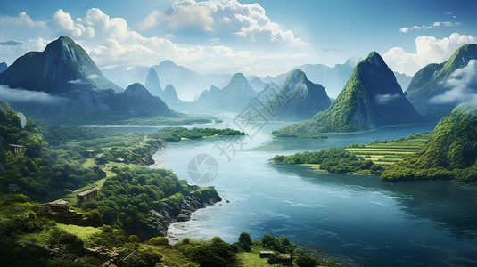 山脉俯视图长江的壮丽景色插画