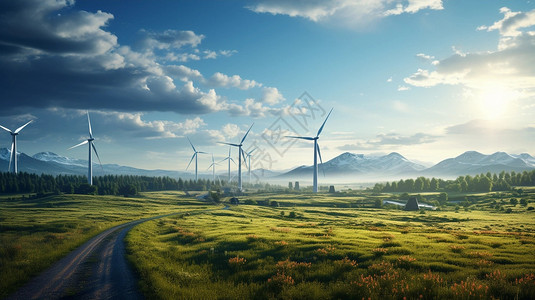 大风车自然背景下的新能源产业设计图片