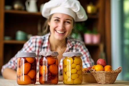 专注厨师开朗的女厨师专注于自制罐装水果背景
