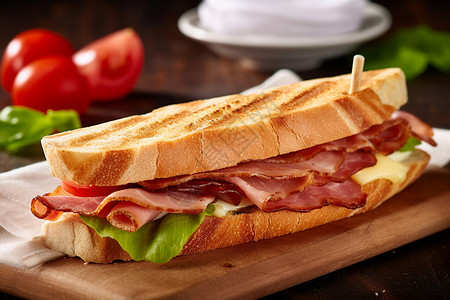 美食手机端模板木板上的三明治配和火腿背景