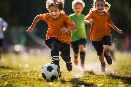 草坪上踢足球的儿童图片