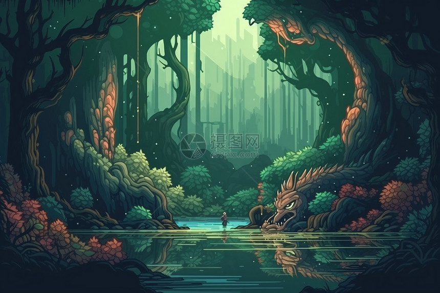 像素风格的森林插画图片