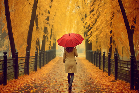 树林里打着红伞的女性背景图片