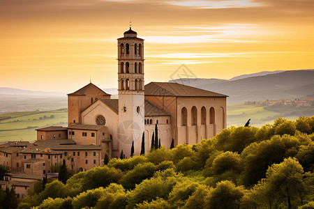 具有里程碑意义日落时分的欧洲修道院景观背景