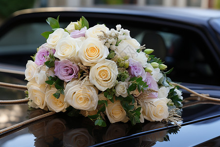 鲜花装饰下的婚车背景图片