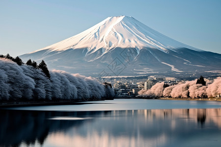 河口湖和富士山火山景观背景