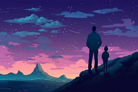 父亲与女儿于晚霞中观星图片