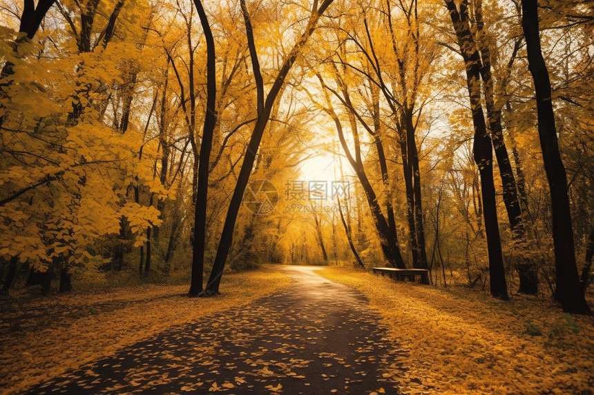 公园中金黄色的落叶图片