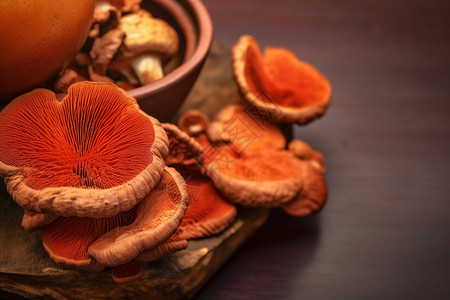 红色大蘑菇一堆棕色的蘑菇背景