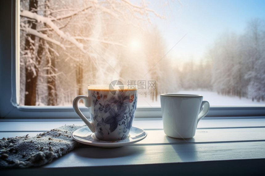 冬季窗台上的咖啡图片