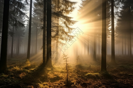 日出时的森林背景图片