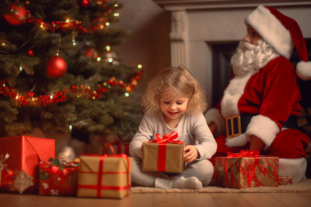 圣诞老人的礼物收到圣诞礼物的小女孩背景