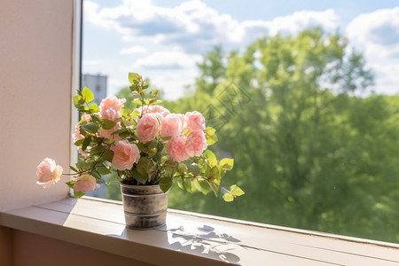 窗台上盛开的粉红玫瑰背景图片