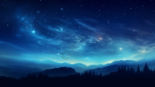 蓝色宇宙星空山脉上空的蓝色星空插画