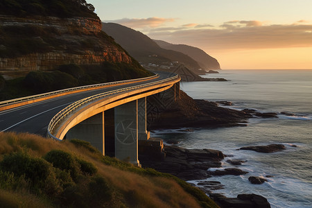 黄昏道路风景美丽的日落海岸线背景