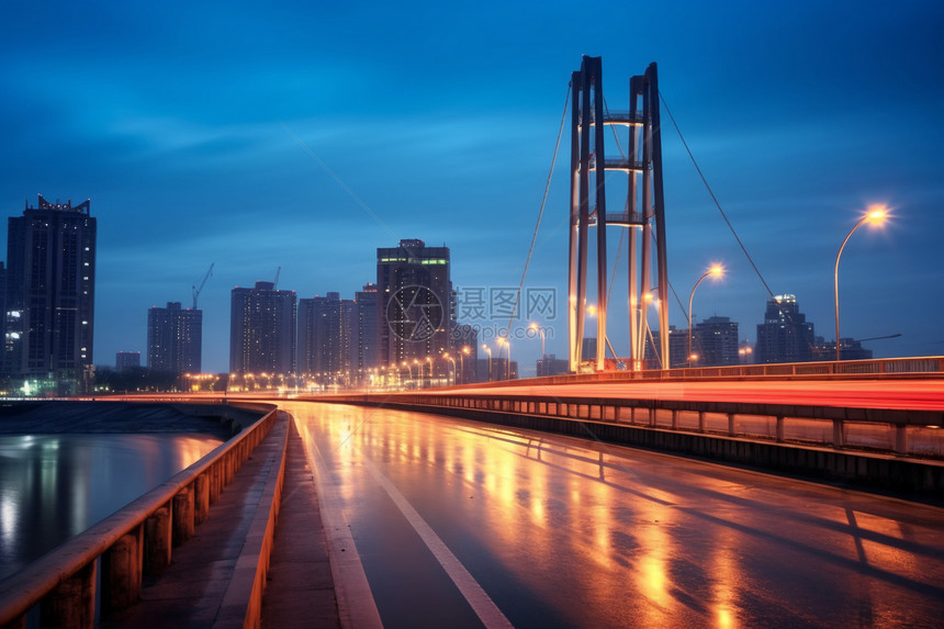 夜晚灯光璀璨的寂静道路图片