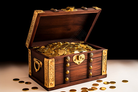 黄金宝箱装着金币的木质宝箱背景