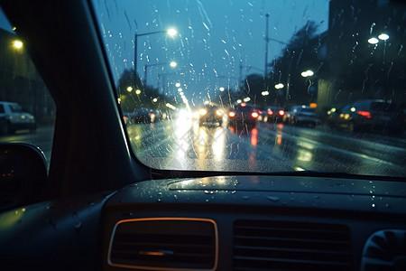 夜晚下雨时驾驶的汽车视觉高清图片