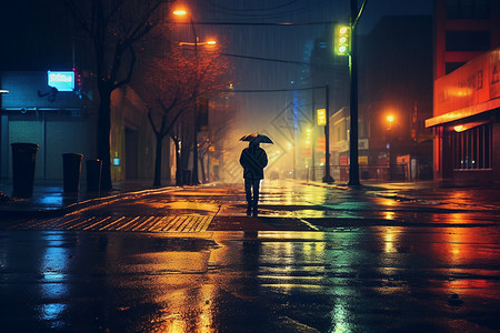 漫步街头雨夜淋湿的城市街头背景