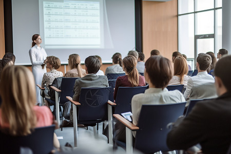 学院讲师女商人在屏幕下演讲背景