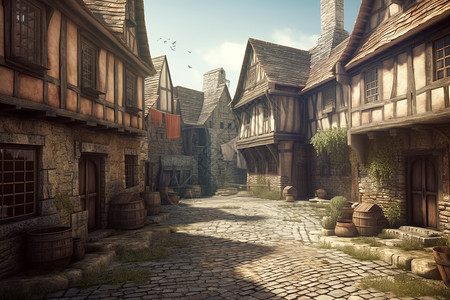中世纪小镇古朴的村庄景色设计图片