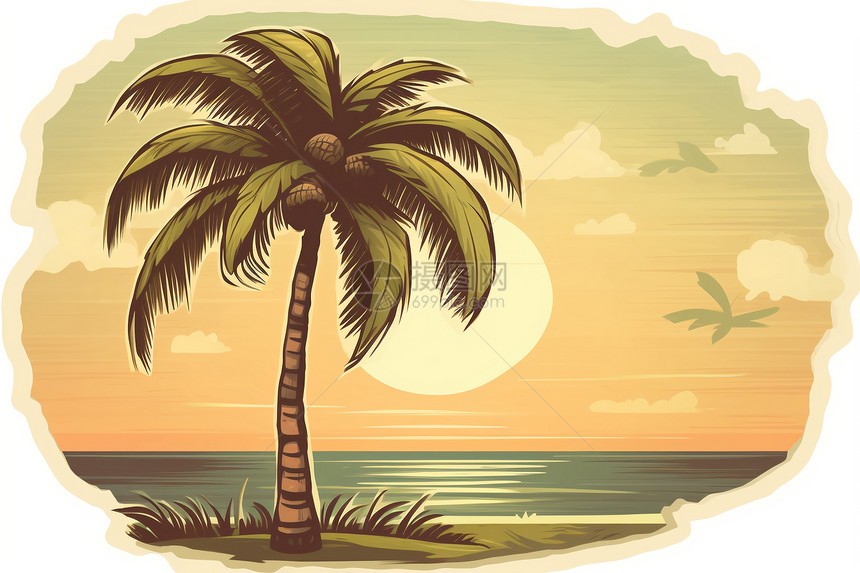 海洋沙滩背景的棕榈树贴纸图片