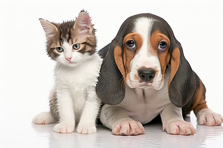 可爱的猎犬和猫咪背景图片