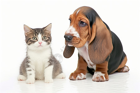 宠物小猫和巴塞特猎犬高清图片