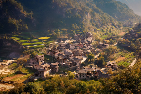 夏季高原山村的美丽景观背景图片