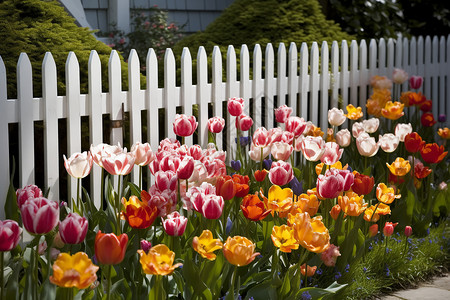 一排郁金香白色栅栏内的郁金香花园背景