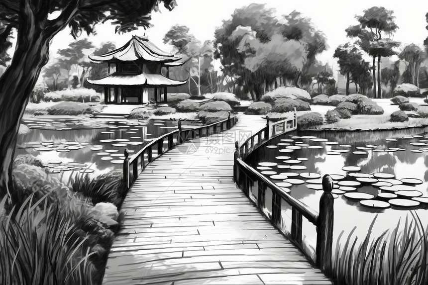黑白素描中式公园图片