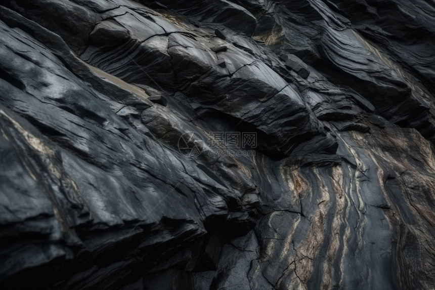 贯穿岩石面的黑色煤层的特写图片