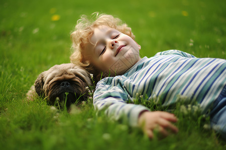 卷发男孩小男孩惬意地躺在草地上背景