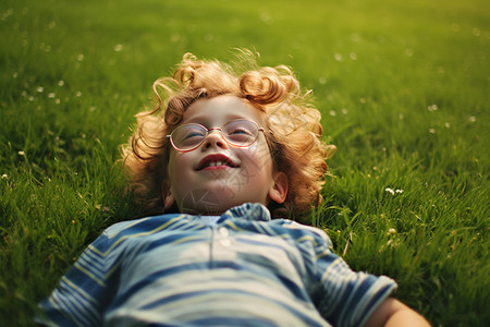 夏天躺在草地上的男孩图片
