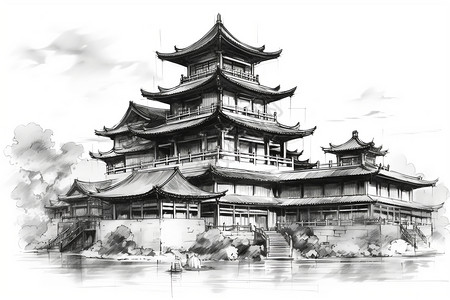 建筑高清水墨宫殿建筑插画