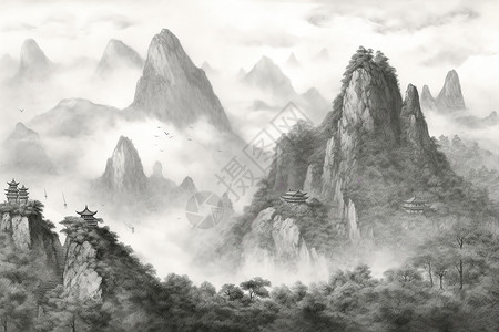 素描中国山峰背景图片