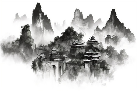 中式水墨建筑背景图片
