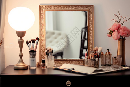 梳妆台上的镜子和化妆品图片